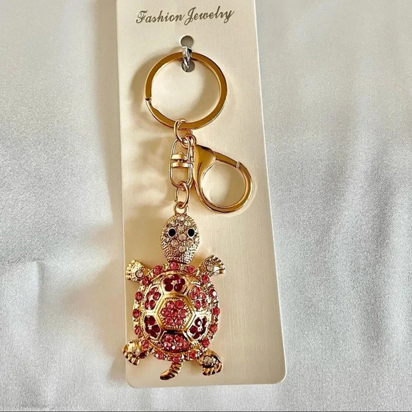 Turtle Bag And Key Chain Charm Pink Crystal Rhinestone Gold Tone Hardware - Picture 5 of 5